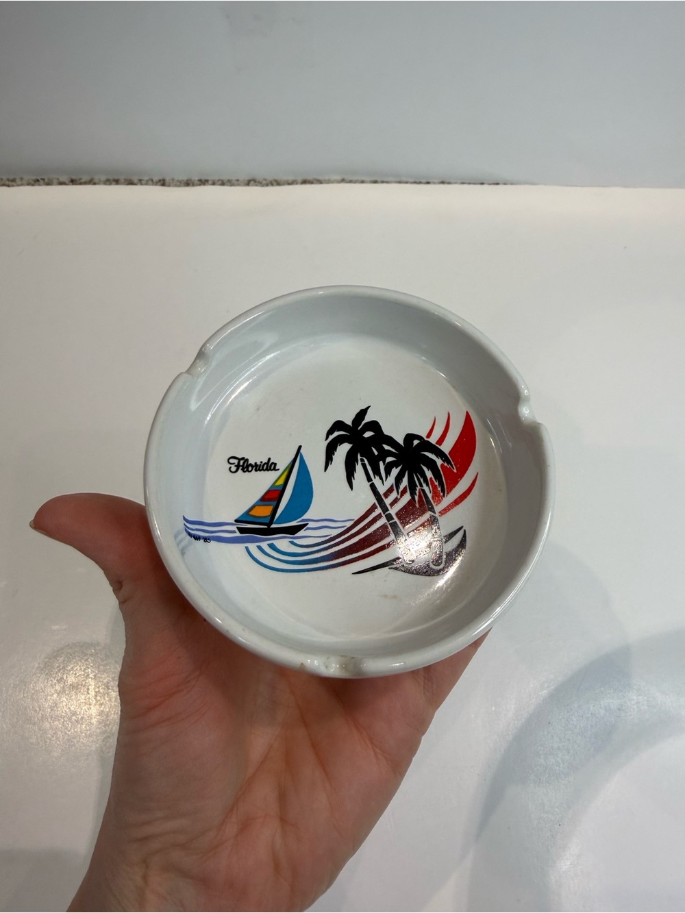 Vintage Florida Souvenir Ceramic Ashtray | Retro Sailboat & Palm Trees